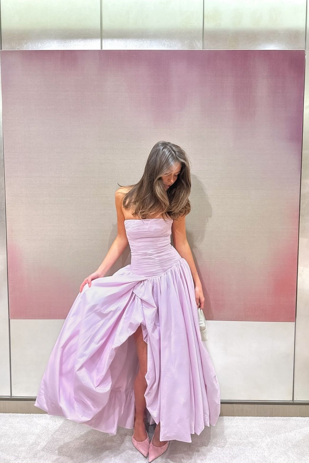 Charming A Line Strapless Pink Long Party Dress with Ruffles