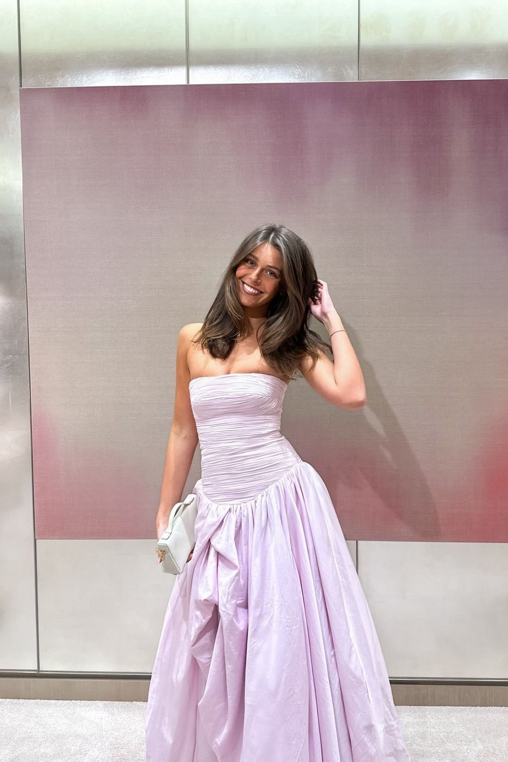 Charming A Line Strapless Pink Long Party Dress with Ruffles
