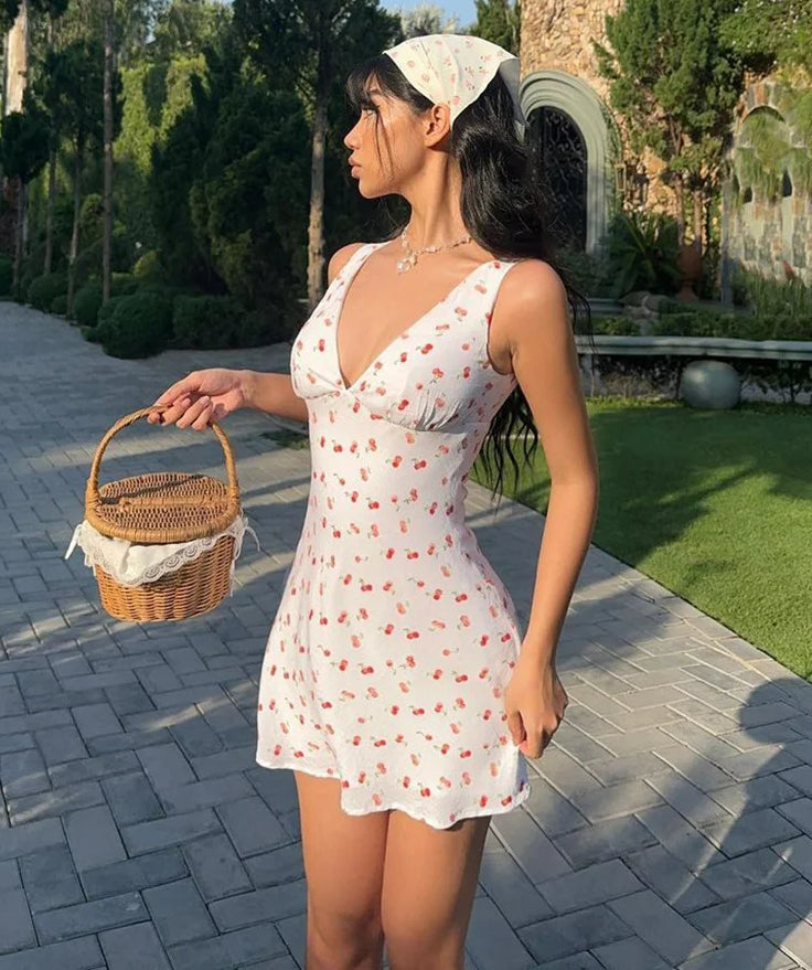 Deep V Cherry Print Floral Dress - VelvetHem