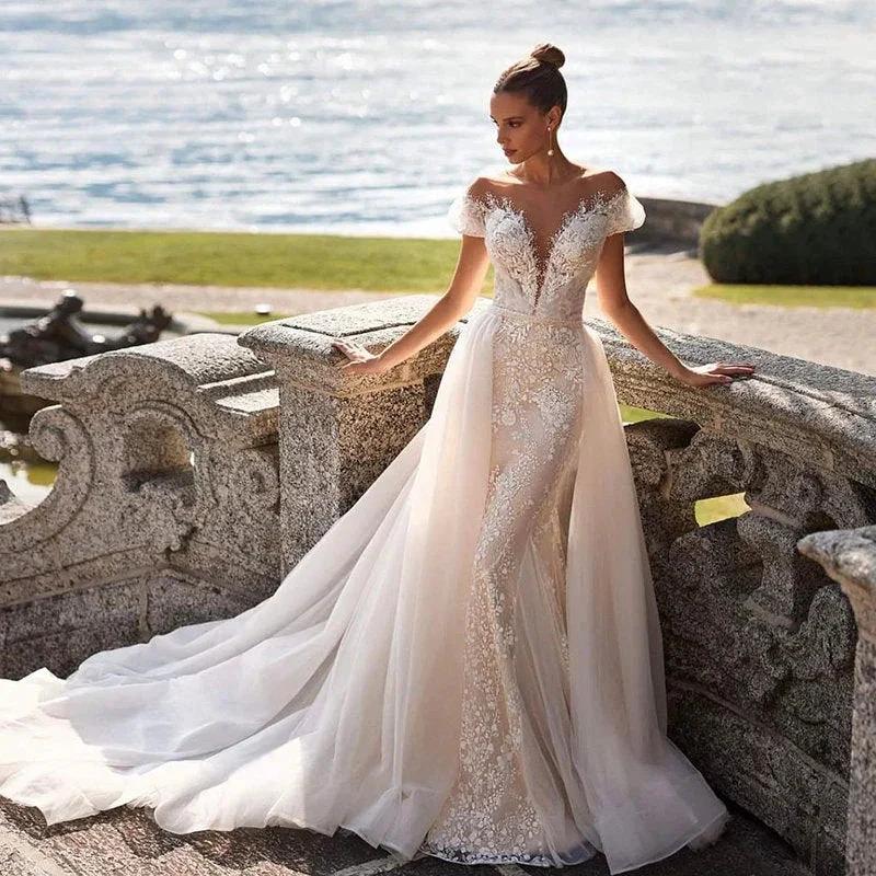 Luxury Detachable 2 In 1 Wedding Mermaid Dress Embroidered Lace On Net With Square Collar Sleeveless Bride Gowns Vestido De Novi (ZD13489) - VelvetHem