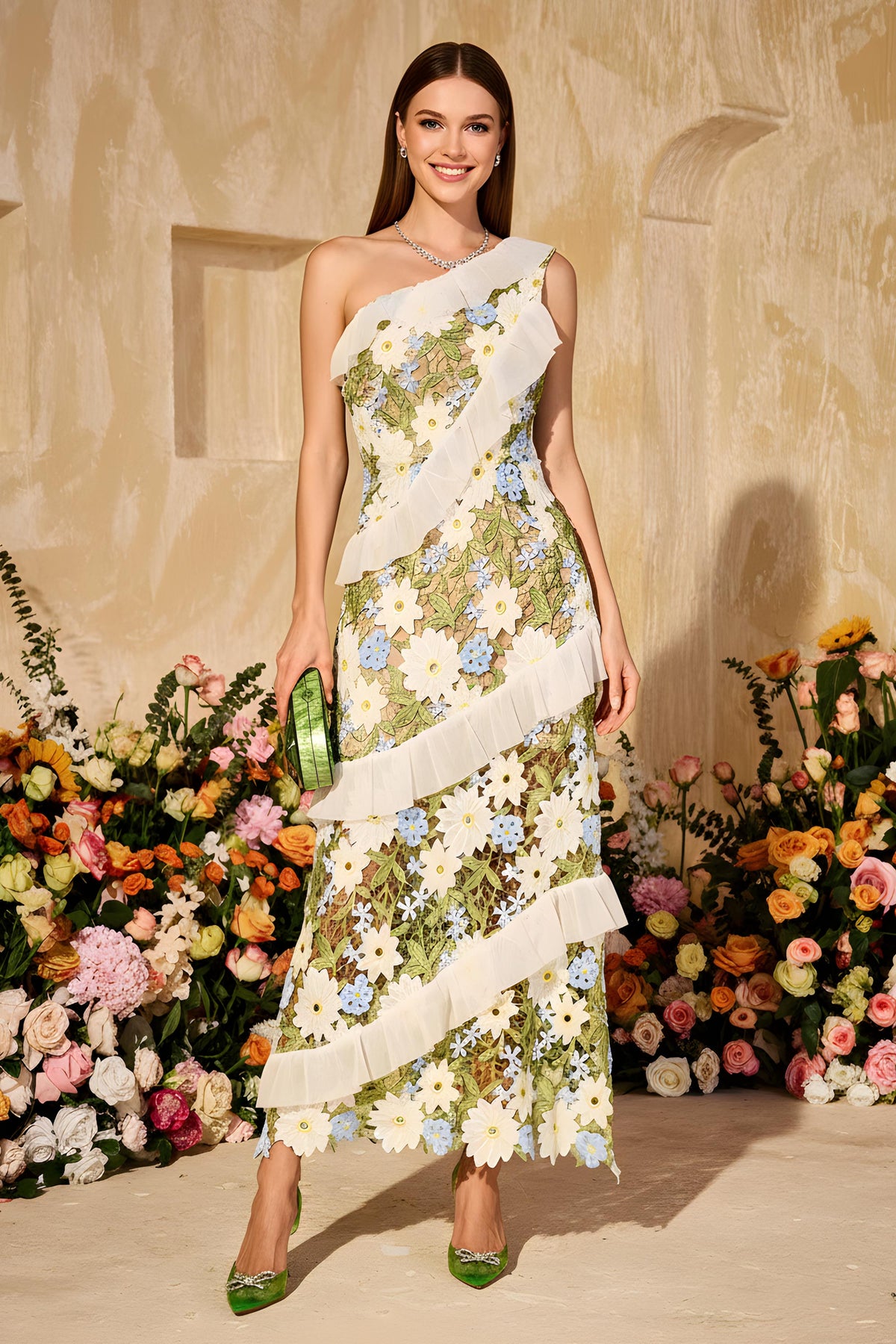 Romantic One-Shoulder Floral Embroidered Ruffle Maxi Dress - VelvetHem
