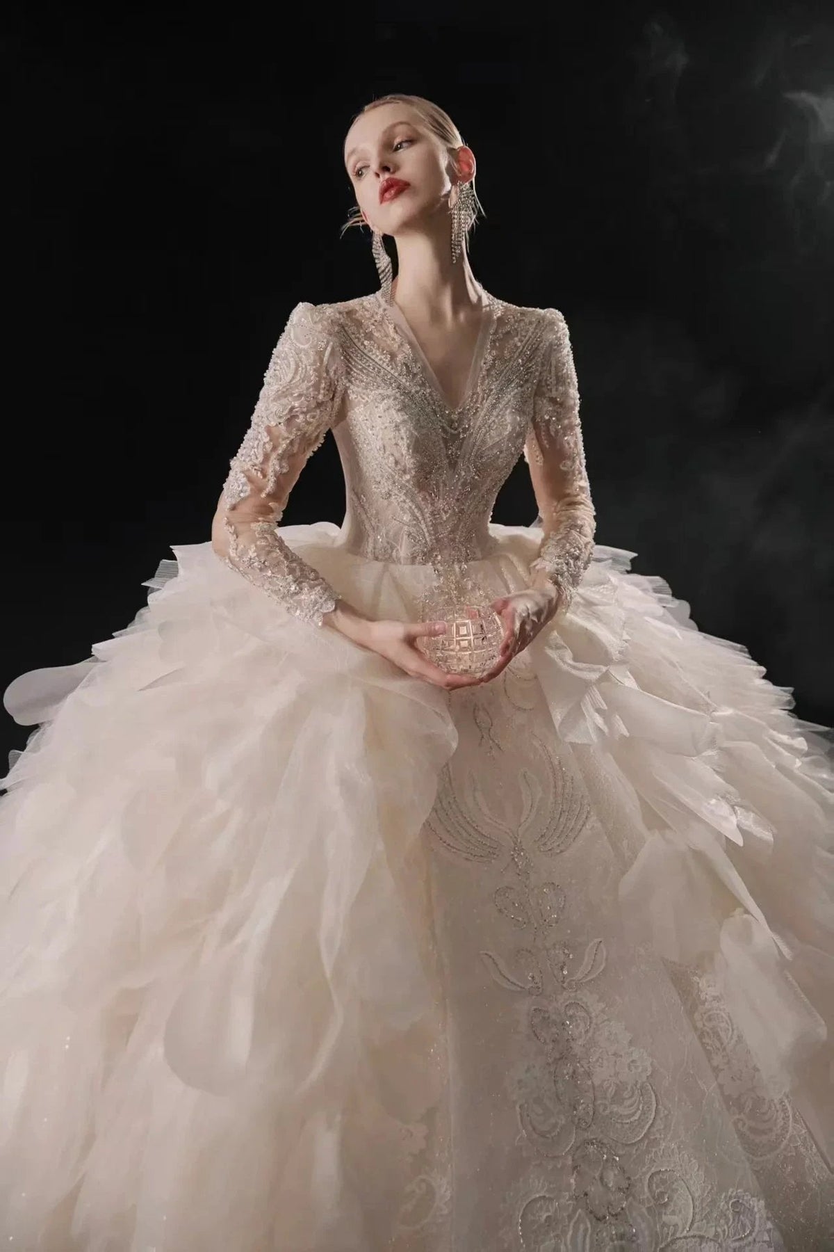 Luxurious V-Neck Ball Gown Long Lace Sleeve Beaded Embroidery Wedding Dress with Layered Ruffled Train (ZD16898) - VelvetHem