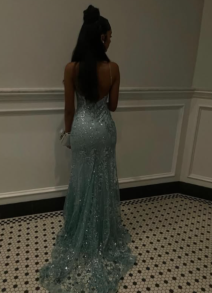 Charming Spaghetti Straps Tulle Lace Mermiad Prom Dress Blue V Neck Prom Evening Gown - View 6 | VelvetHem