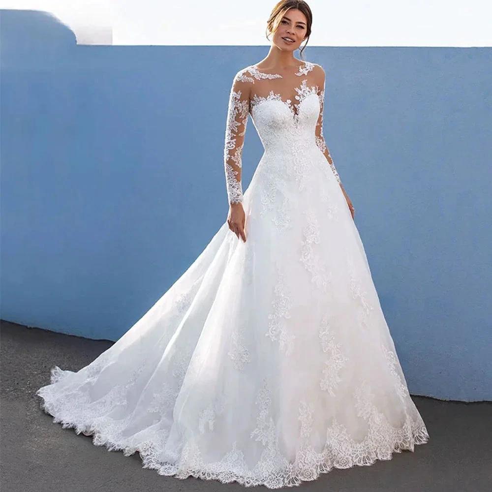 Elegant A-Line Wedding Dresses For Women Long Lace Sleeves With Appliques Bridal Gown Illusion Tulle vestidos de novia (ZD13417) - VelvetHem