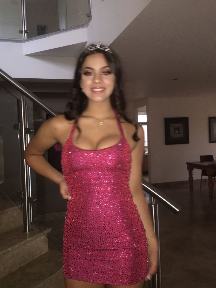 Sparkly Pink Halter Sequin Sheath Short Prom Dress Formal Graduation Homecoming Dress