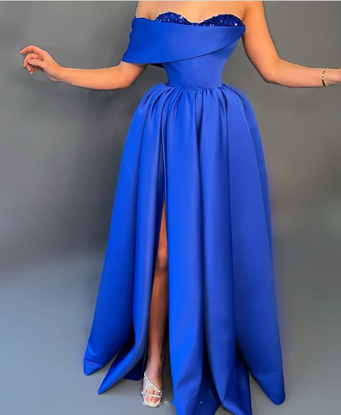 Simple Off The Shoulder Satin Sequins Slit Party Prom Dress,Blue A Line Evening Dress - VelvetHem