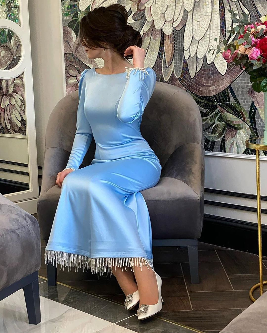 High Quality Mermaid Evening Dresses Long Sleeves Satin Beadings - VelvetHem