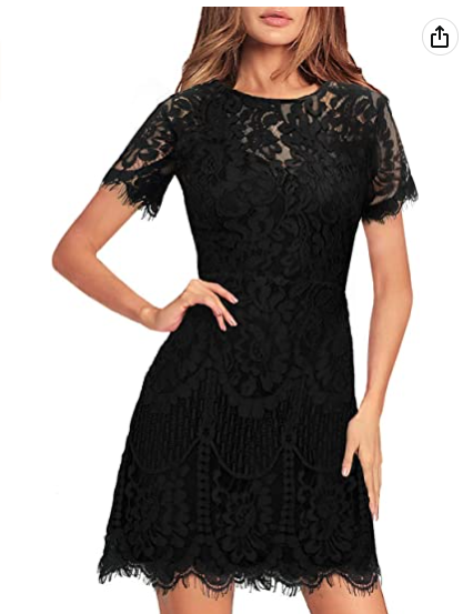 Women's Elegant Round Neck V-Back Wedding Guest Floral Lace Cocktail Party A Line Dress Black Party Dress - VelvetHem