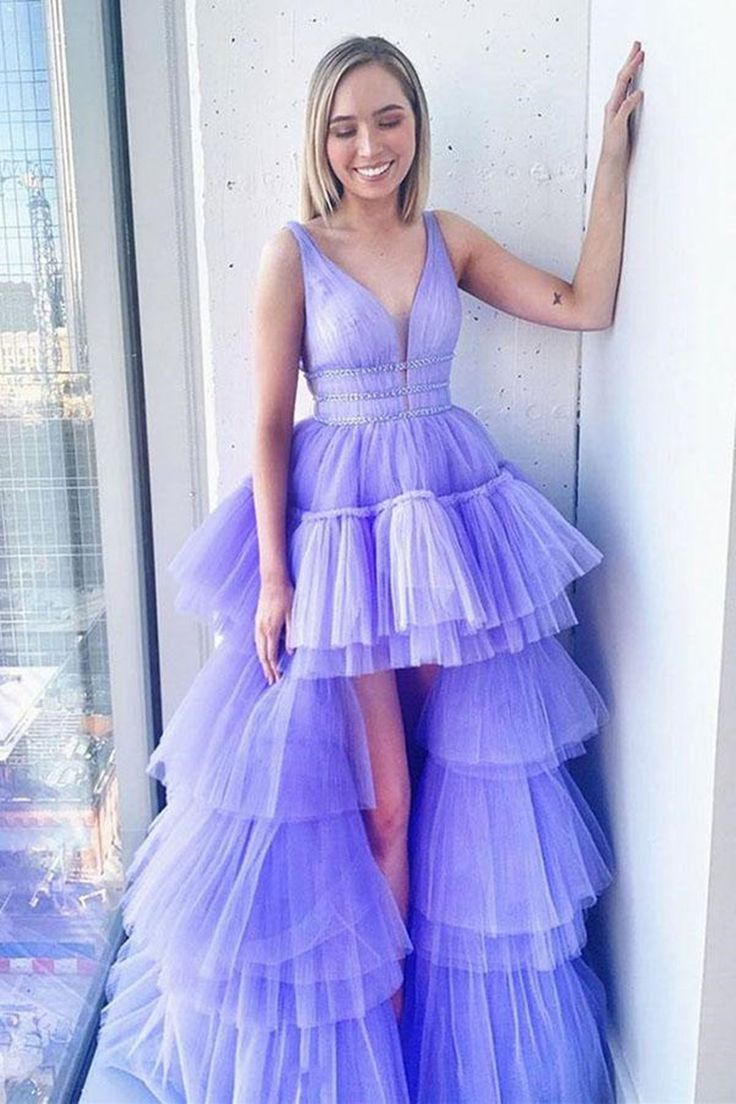 High Low V Neck Purple Tulle Long Prom Dress with Belt - View 3 | VelvetHem