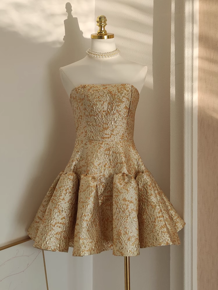Cute Ball Gown Strapless Travel Vacation Dresses Short Satin Gold Birthday Dress - VelvetHem