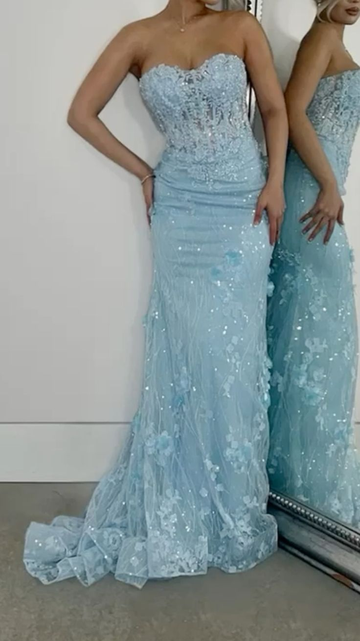 Sparkly Blue Mermaid Tulle Appliques Evening Gown Formal Prom Dress Y7871 - VelvetHem