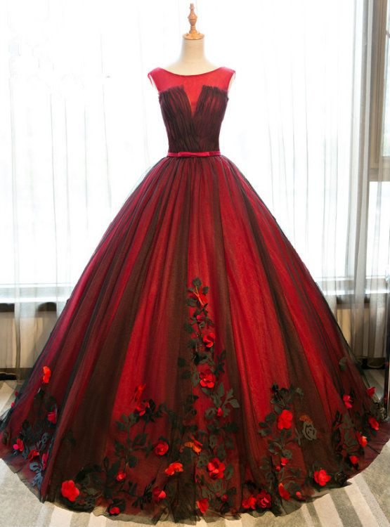Black And Red Tulle Satin Appliques Sweet 16 Ball Gown Quinceanera Dress - VelvetHem