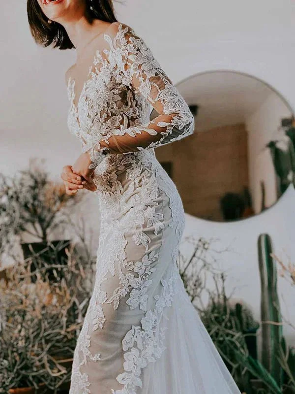 White Wedding Dress Illusion Neckline Long Sleeves Backless Natural Waist Lace With Train Long Bridal Mermaid Dress (ZD13585) - VelvetHem