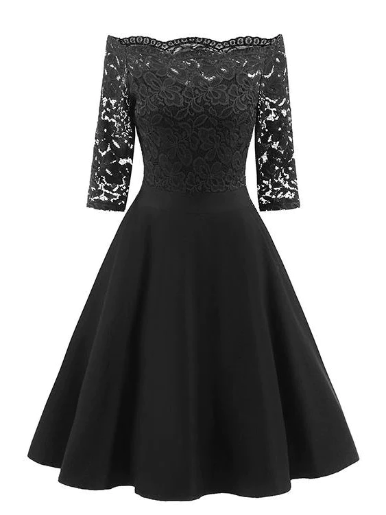 Vintage Short Black Bridesmaid Dresses One Shoulder Lace Party Dress with Sleeves - VelvetHem