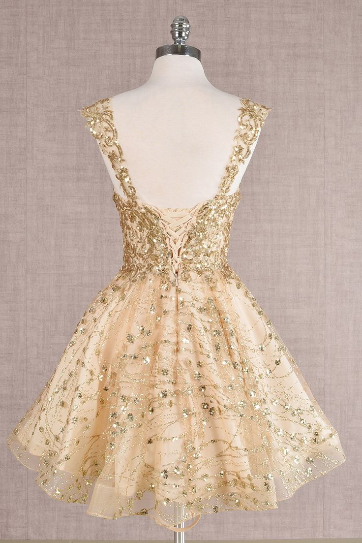 Pretty Gold Lace Butterfly Appliques Short Homecoming Dress Formal 20th Birthday Party Dress