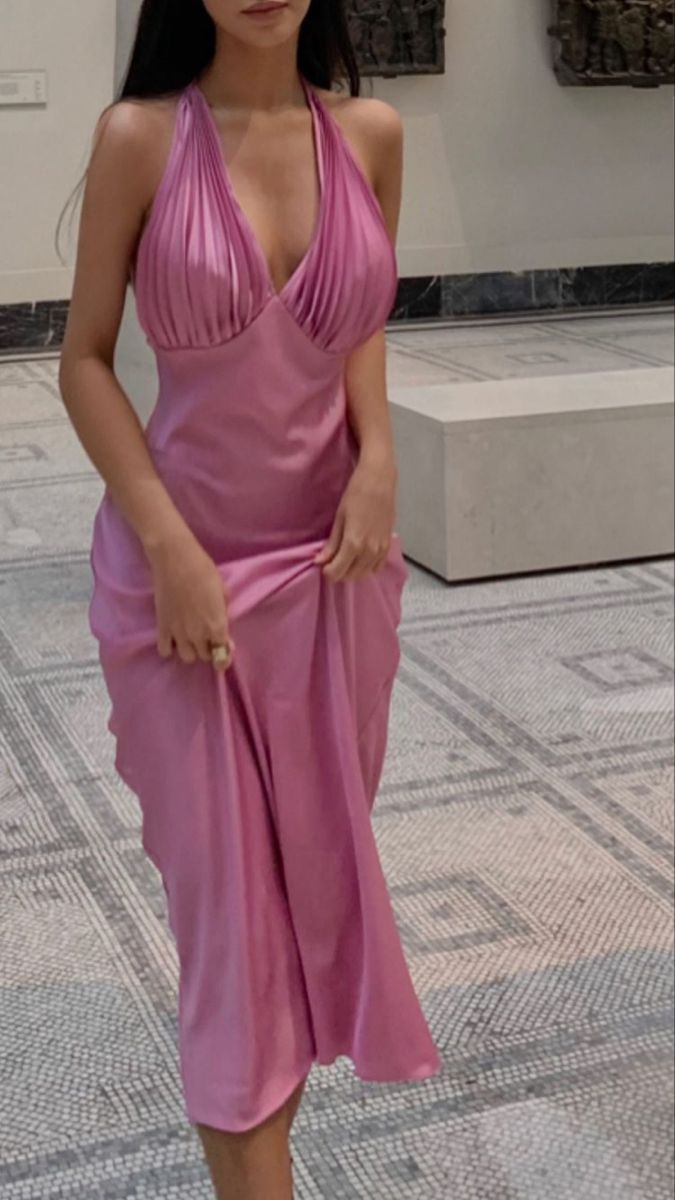 Sexy Pink V Neck Pleated Halter Party Dress Backless Prom Evening Gown - VelvetHem