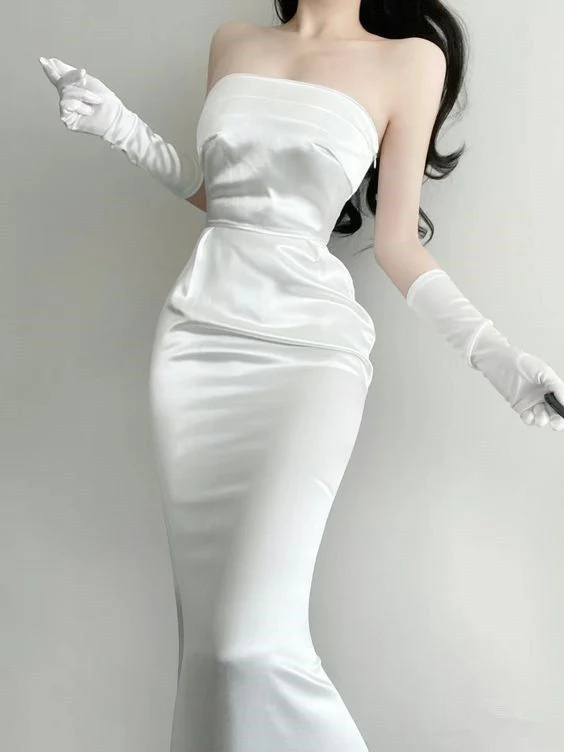 Elegant White Satin Strapless Mermaid Evening Dress Long Party Dress With Gloves - VelvetHem
