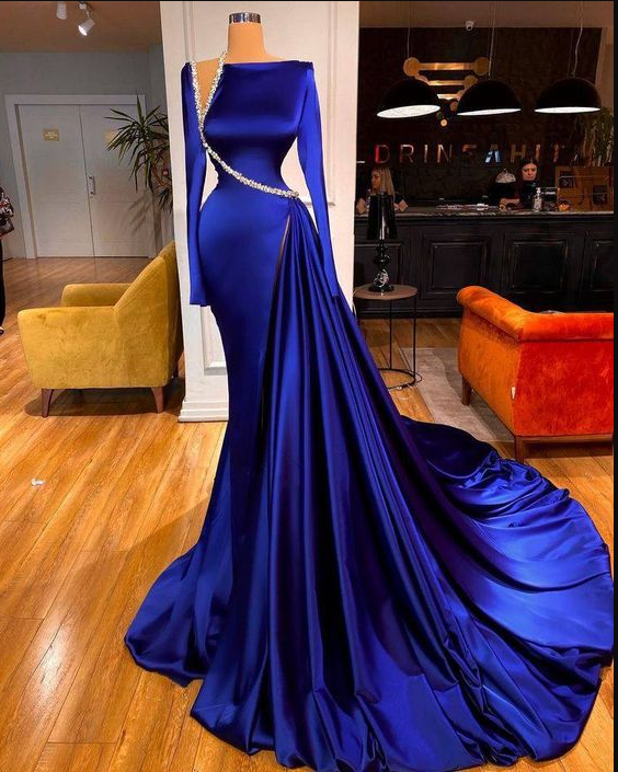 Elegantes modest evening dresses long sleeve royal blue beaded luxury elegant formal party dresses women evening dress - VelvetHem