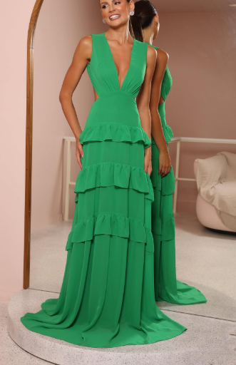 Emerald Green Deep V Neck Layered Ruffles Evening Dress Backless Long Prom Dress Y8386 - VelvetHem