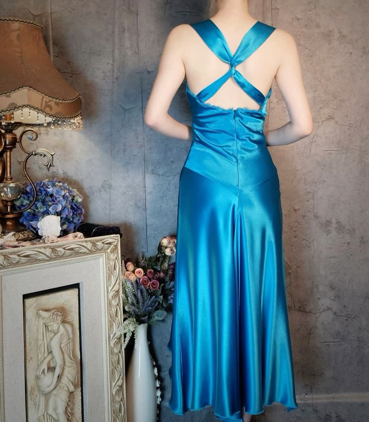 Vintage Blue V NecK Satin Mermaid Evening Dress Long Birthday Prom Gown - View 5 | VelvetHem
