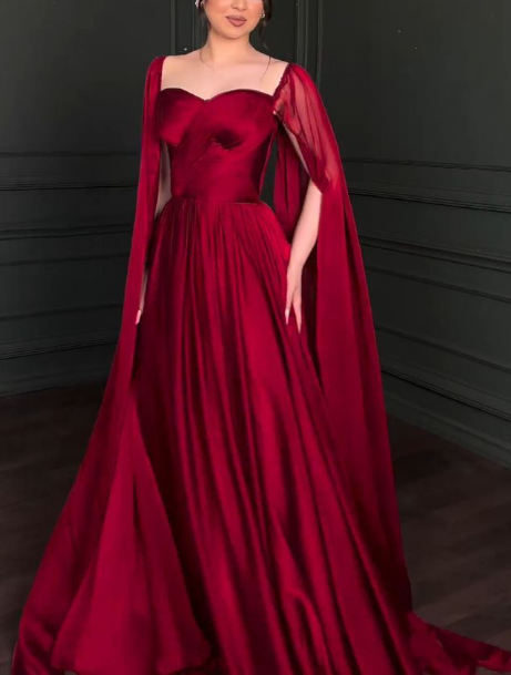 Sexy Burgundy Satin Chiffon Evening Dress A Line Long Party Prom Dress - VelvetHem