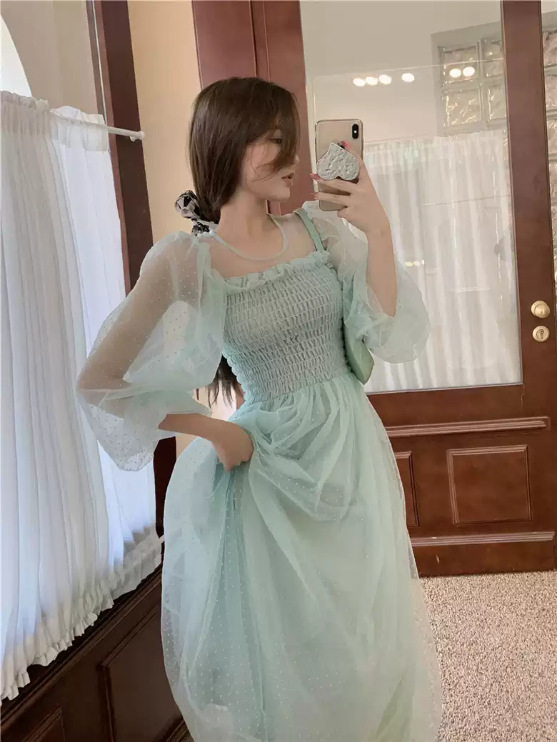 Light green skirt hollow French super fairy puff sleeve polka dot mesh dress sexy party dress - View 2 | VelvetHem