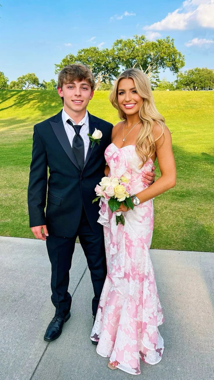 Classy Pink Mermaid Print Floral Evening Dress Prom Dress - VelvetHem