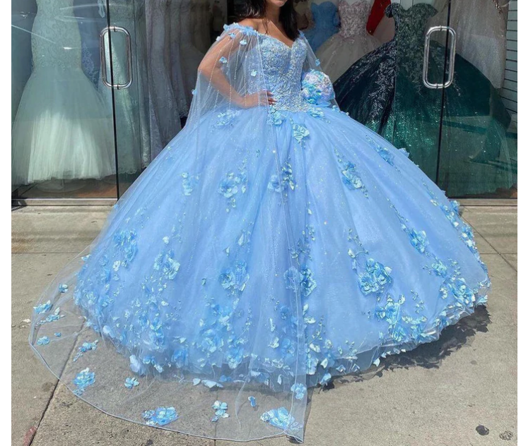 Vintage Baby Blue 3D Floral Flowers Quinceanera Dresses Mexican with Cape Robe Corset Ball Gown