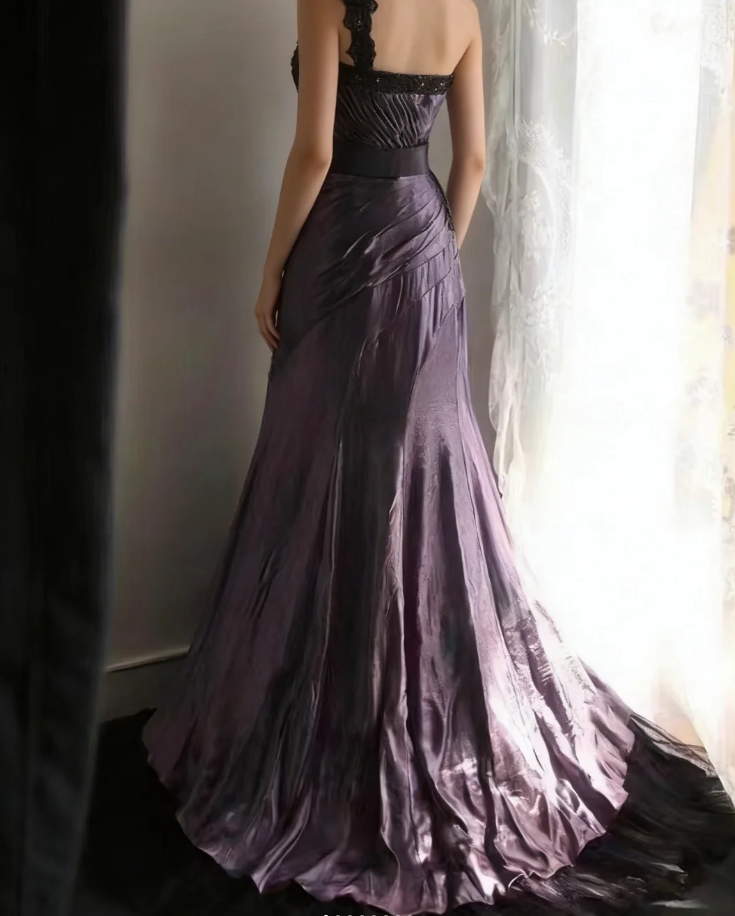 Unique One Shoulder Purple Satin Pleated Tulle Appliques Long Party Dress Birthday Prom Dress - View 4 | VelvetHem