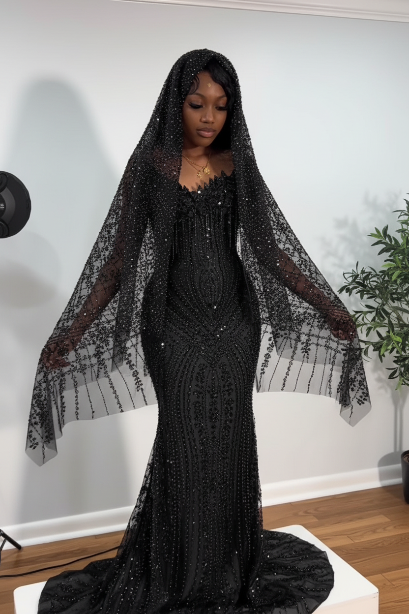 The Ruby Heiress - 2026 Hand-Beaded Crimson Mermaid Gown with Matching Crystal-Encrusted Hooded Veil (ZD17402)