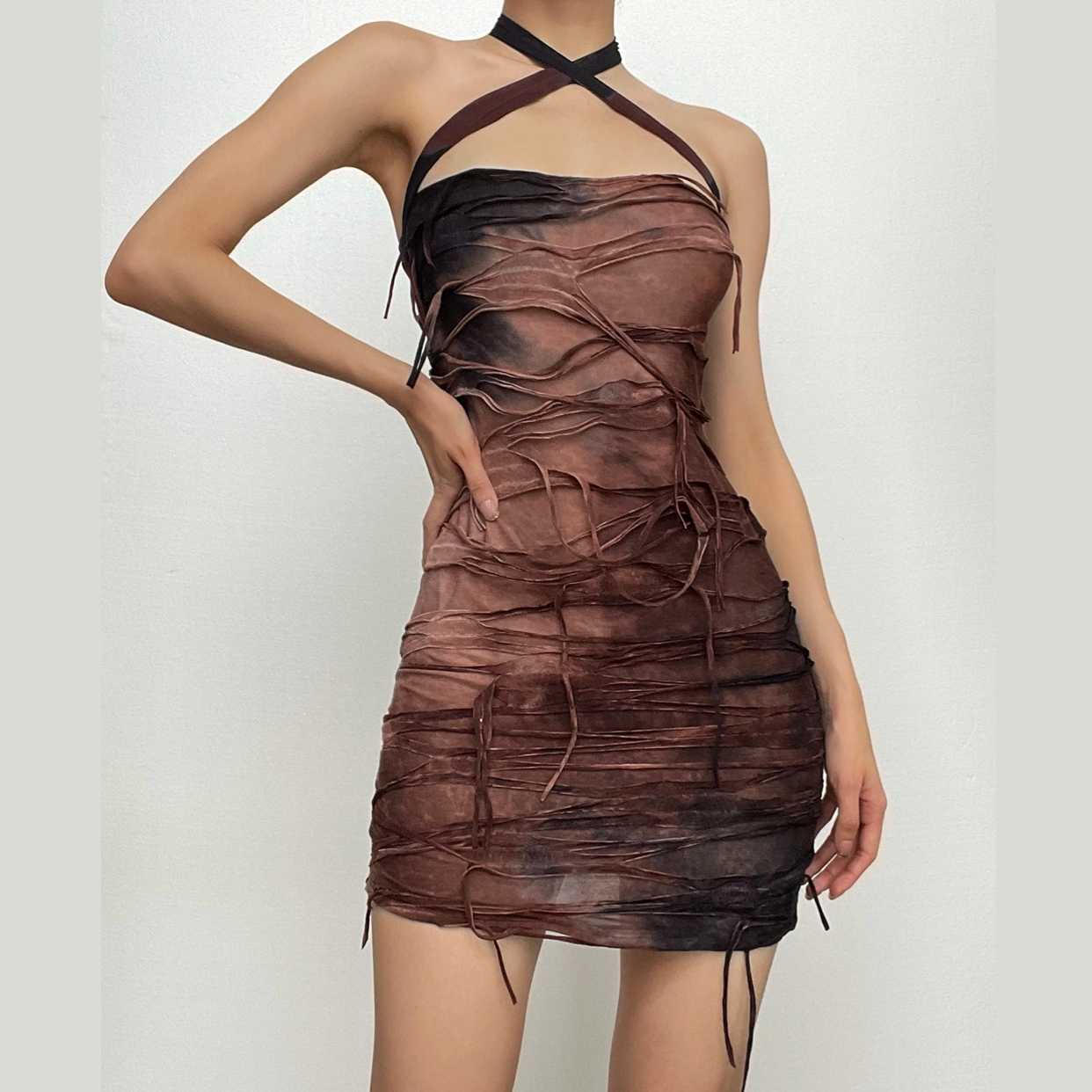 Tie dye textured halter backless contrast mini dress