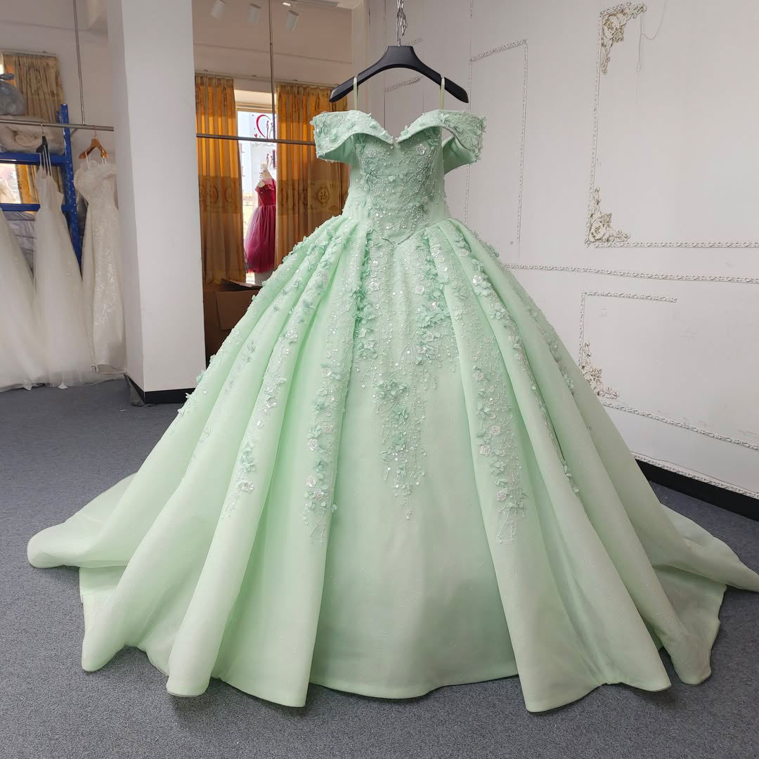 Princess A Line Off the Shoulder Green Ball Gown Quinceanera Dress with Beading Appliques - View 3 | VelvetHem
