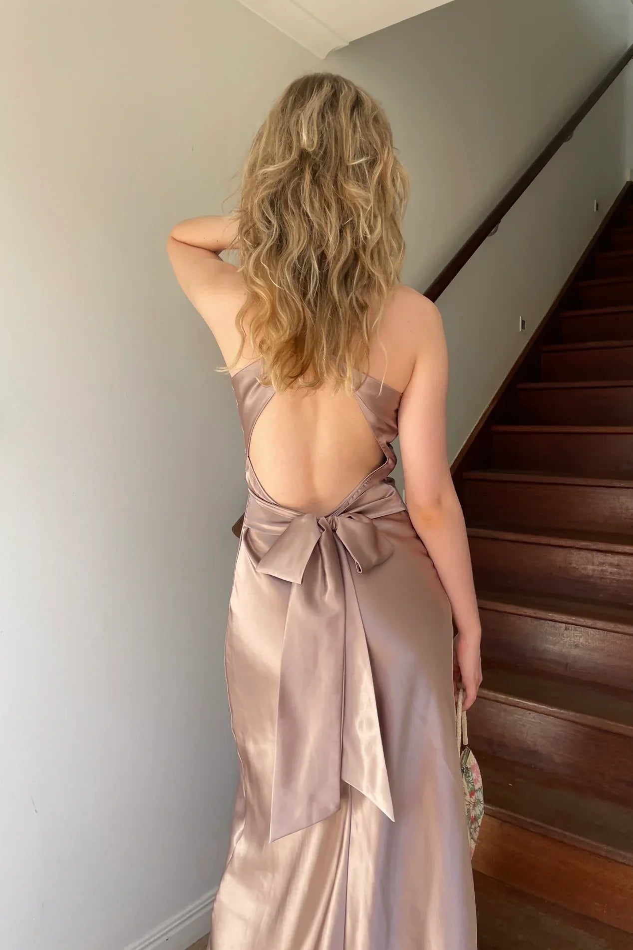 Trendy Sheath Halter Neck Purple Long Party Dress with Open Back Bowknot