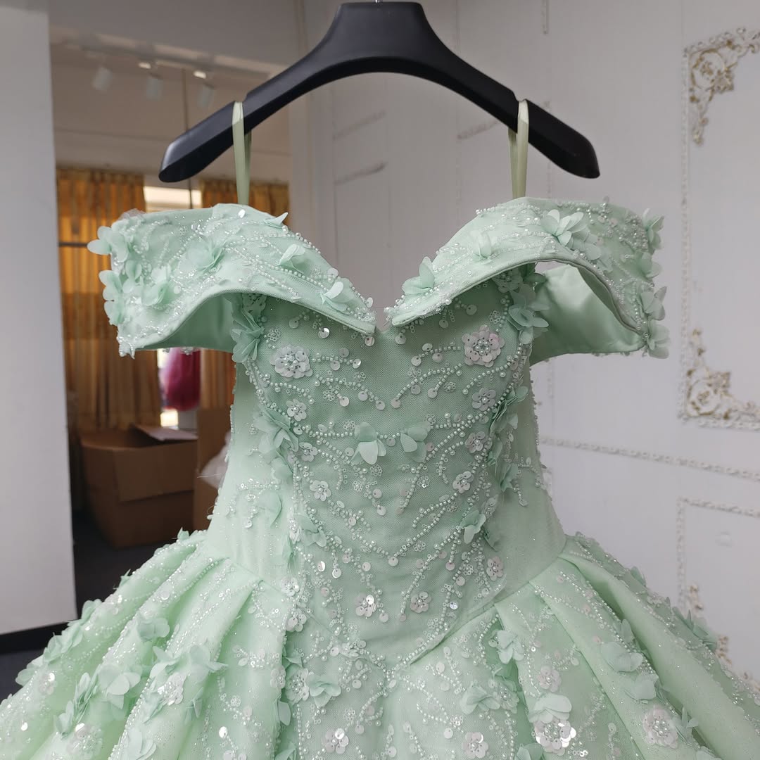 Princess A Line Off the Shoulder Green Ball Gown Quinceanera Dress with Beading Appliques - View 4 | VelvetHem