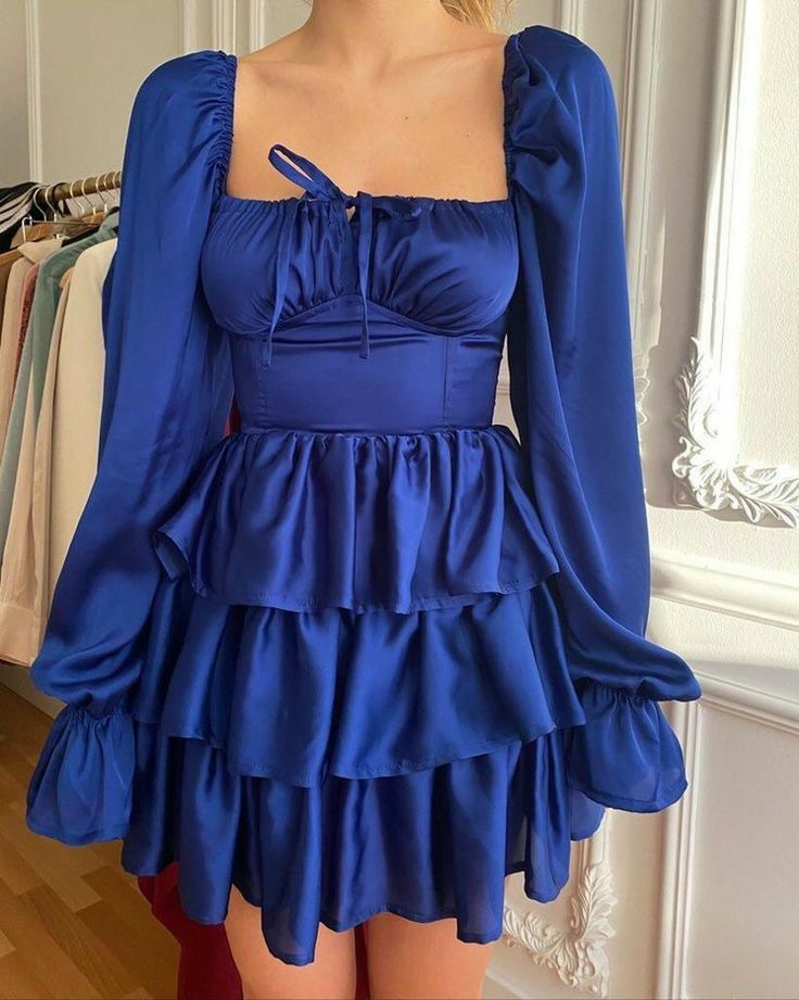 Royal Blue Square Neckline Homecoming Dress With Long Sleeves Retro Dress Y2467 - VelvetHem