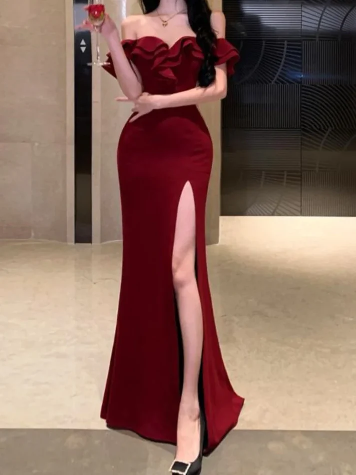 Stylish Burgundy Off The Shoulder Satin Slit Mermaid Evening Dress Long Wedding Guest Dress
