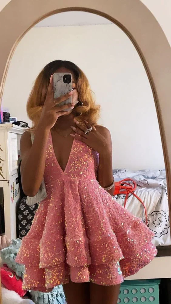 16th birthday outfit black girl hoco dress pink sequin homecoming dress - VelvetHem