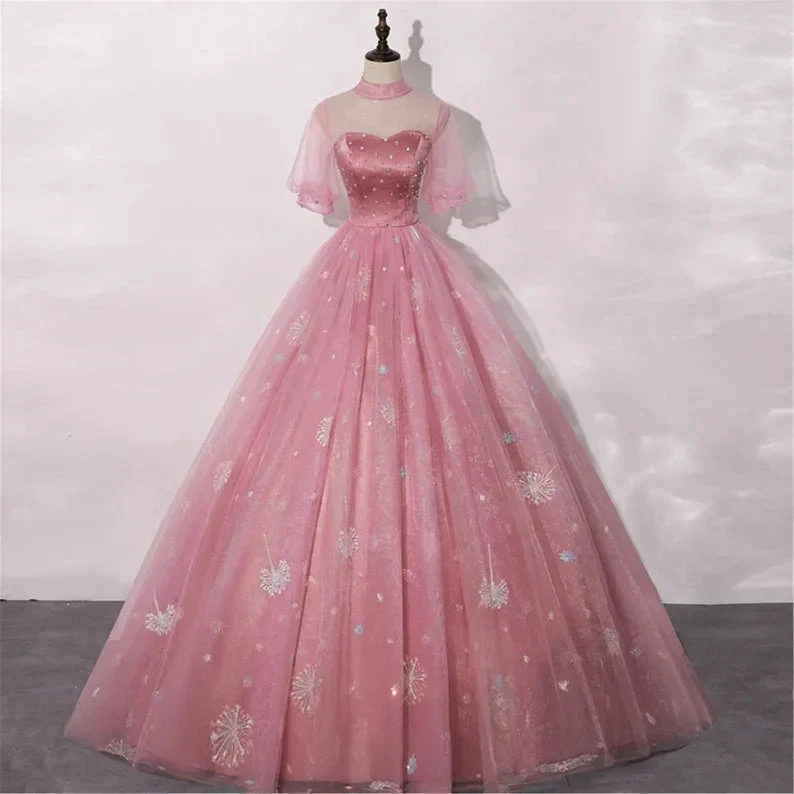 Blush Pink Quinceanera Dress Masquerade Dress A-Line Wedding Dress Floor Length High Neck Bridal Gown Short Sleeves (ZD13639) - VelvetHem