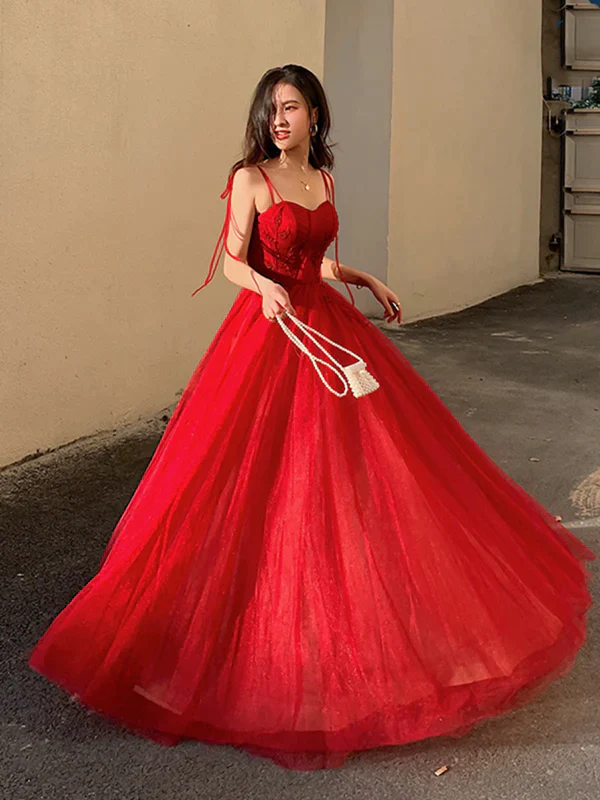 Spaghetti Straps Burgundy Floral Prom Dresses, Wine Red Long Formal Evening Dresses with Corset Back Y1297 - VelvetHem