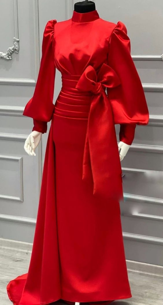 Red Satin Long Sleeve Prom Dress,Muslim Dress - View 2 | VelvetHem