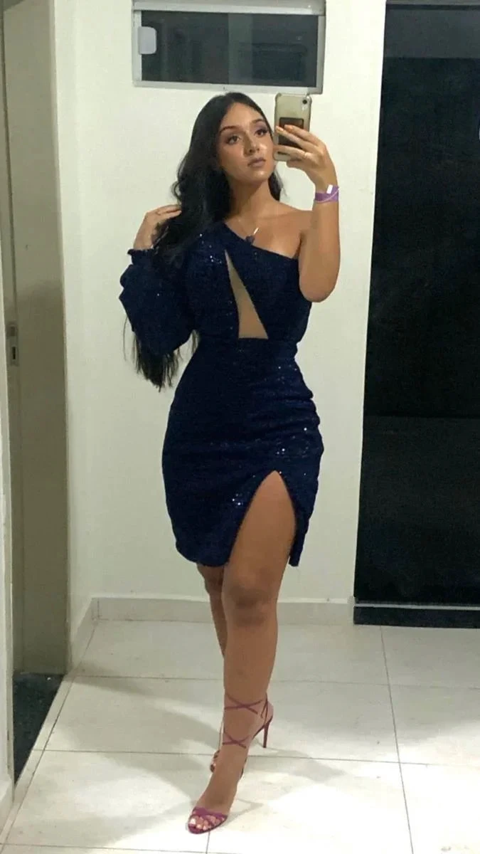 One Sleeve Party Dress Glitter Sequins Homecoming Dress (ZD12659) - VelvetHem
