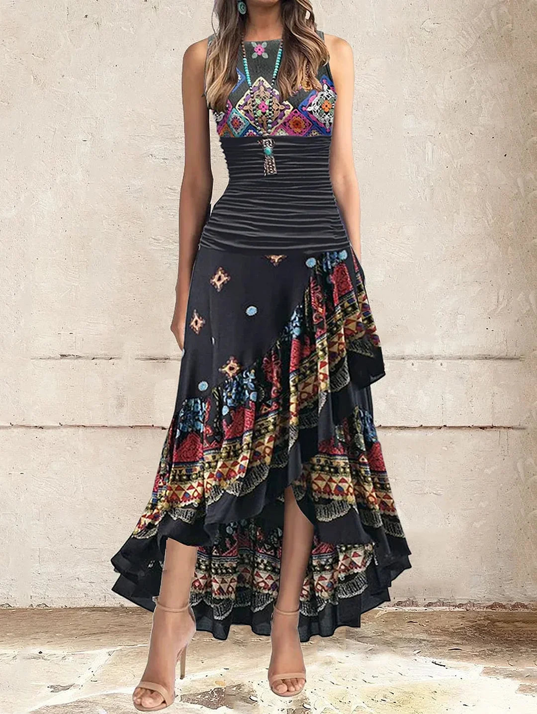 Boho Pattern Irregular Ruffle Hem Maxi Dress Sleeveless