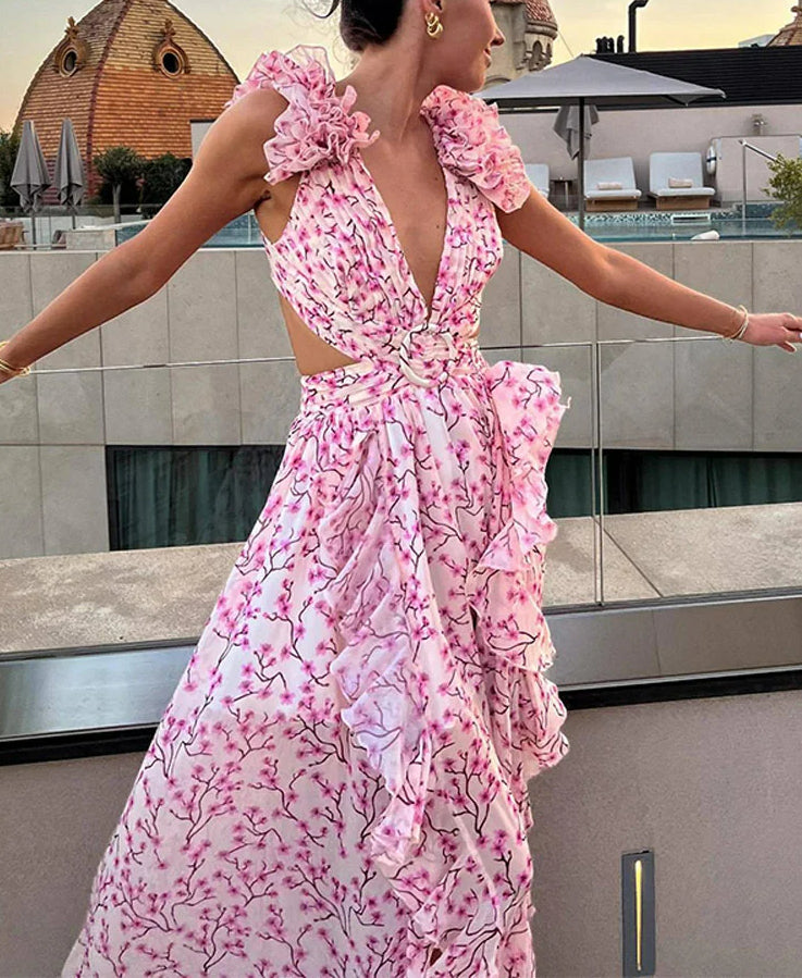 Ruffle Split Lace-up Floral Dress - VelvetHem