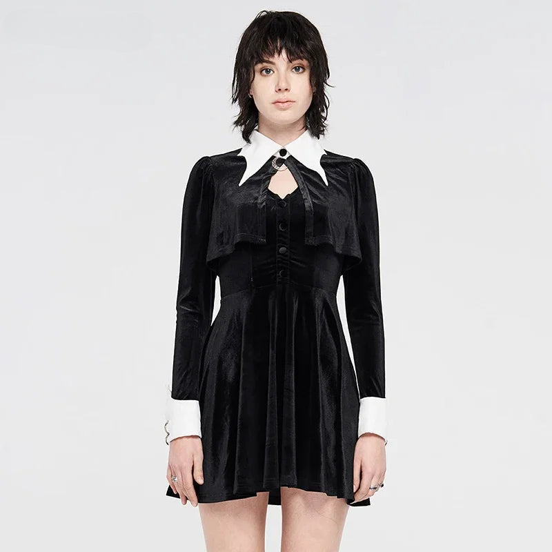 Gothic Dark White Collar Fake Two Piece Little Black Small Shawl Velvet Gothic Dress - VelvetHem