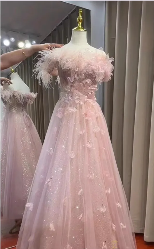 Pink Fairy Feathers Sequins Appliques Evening Dress A Line Formal Ball Gown - VelvetHem