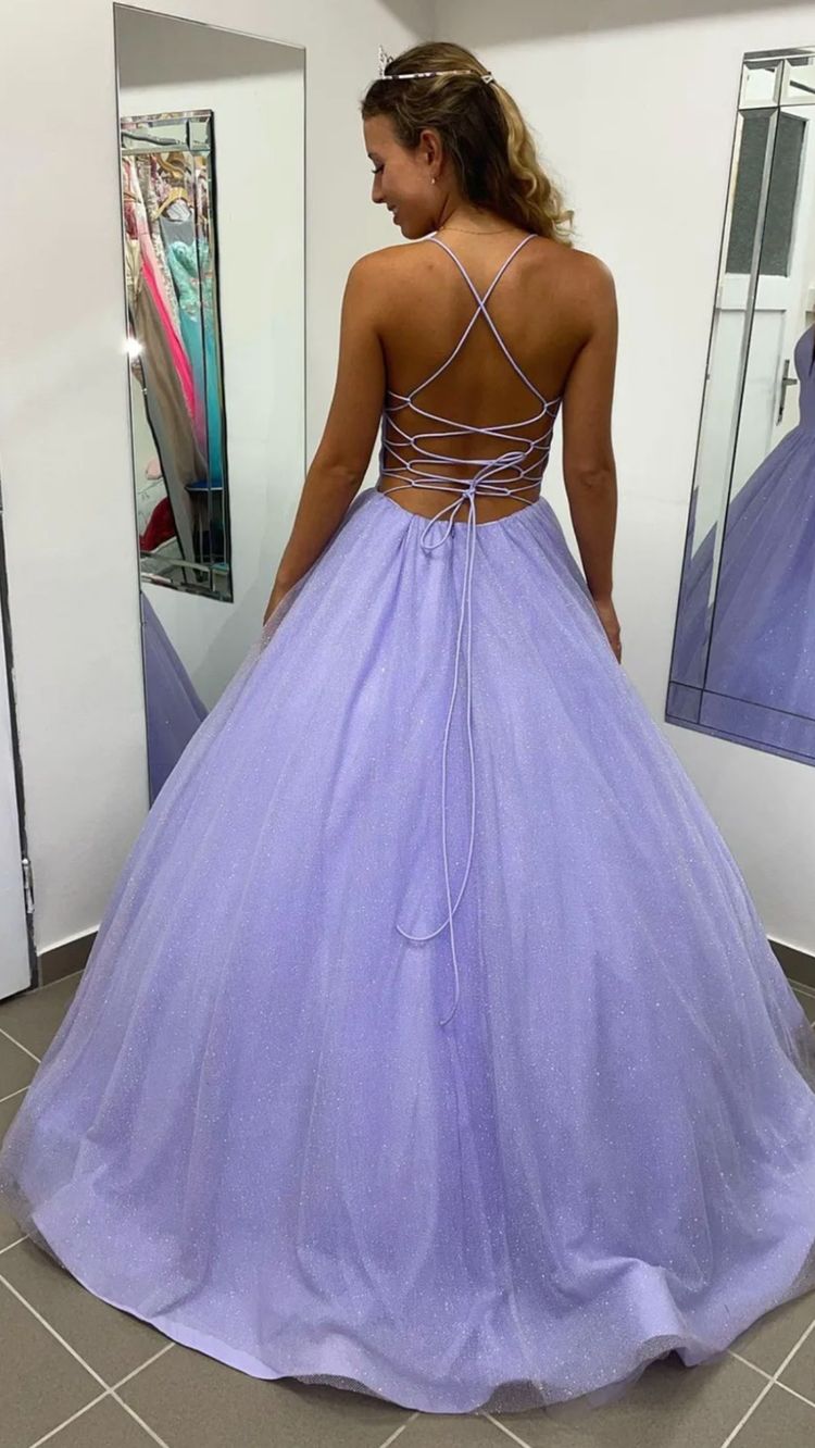 Purple V-neck tulle long prom dress evening dress - VelvetHem