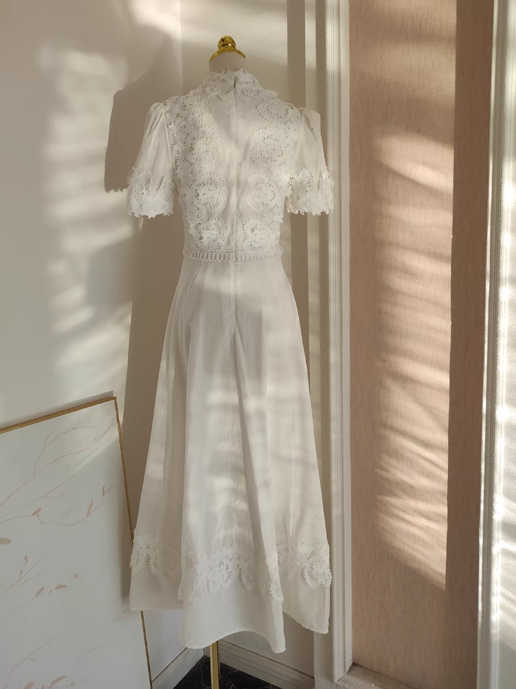 Cute A line High Neckline Short Sleeves Lace White Party Dress Chiffon Holiday Dresses - View 2 | VelvetHem