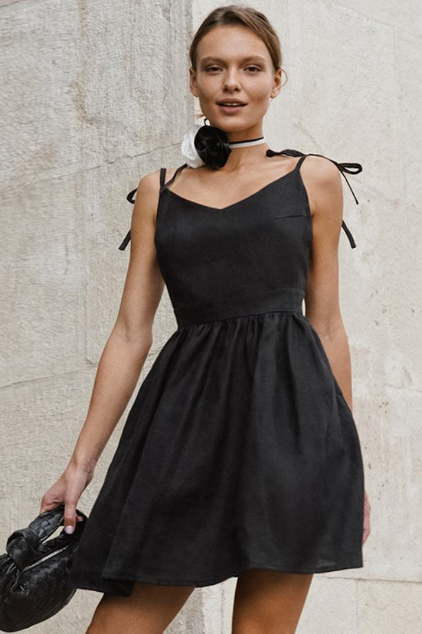 Black Linen V Neck Cami Mini Dress