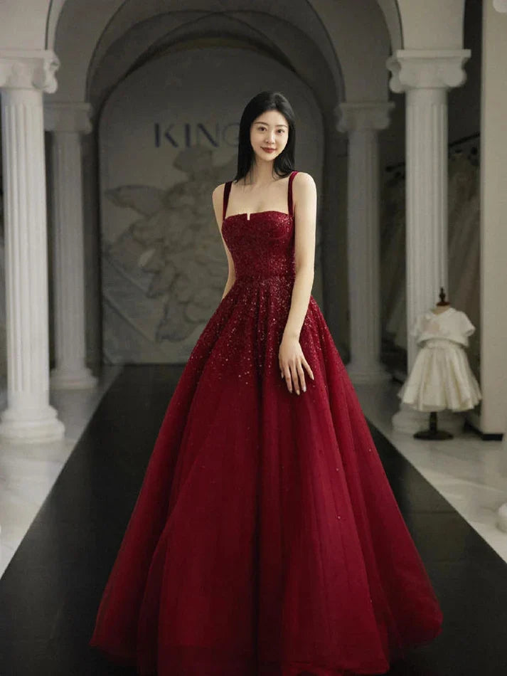 Burgundy Prom Dresses A line Straps Tulle Evening Dresses fg6734 - View 4 | VelvetHem