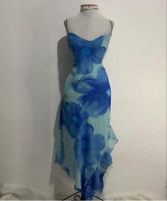 Chic Blue Print Chiffon Prom Dress Party Evening Dress